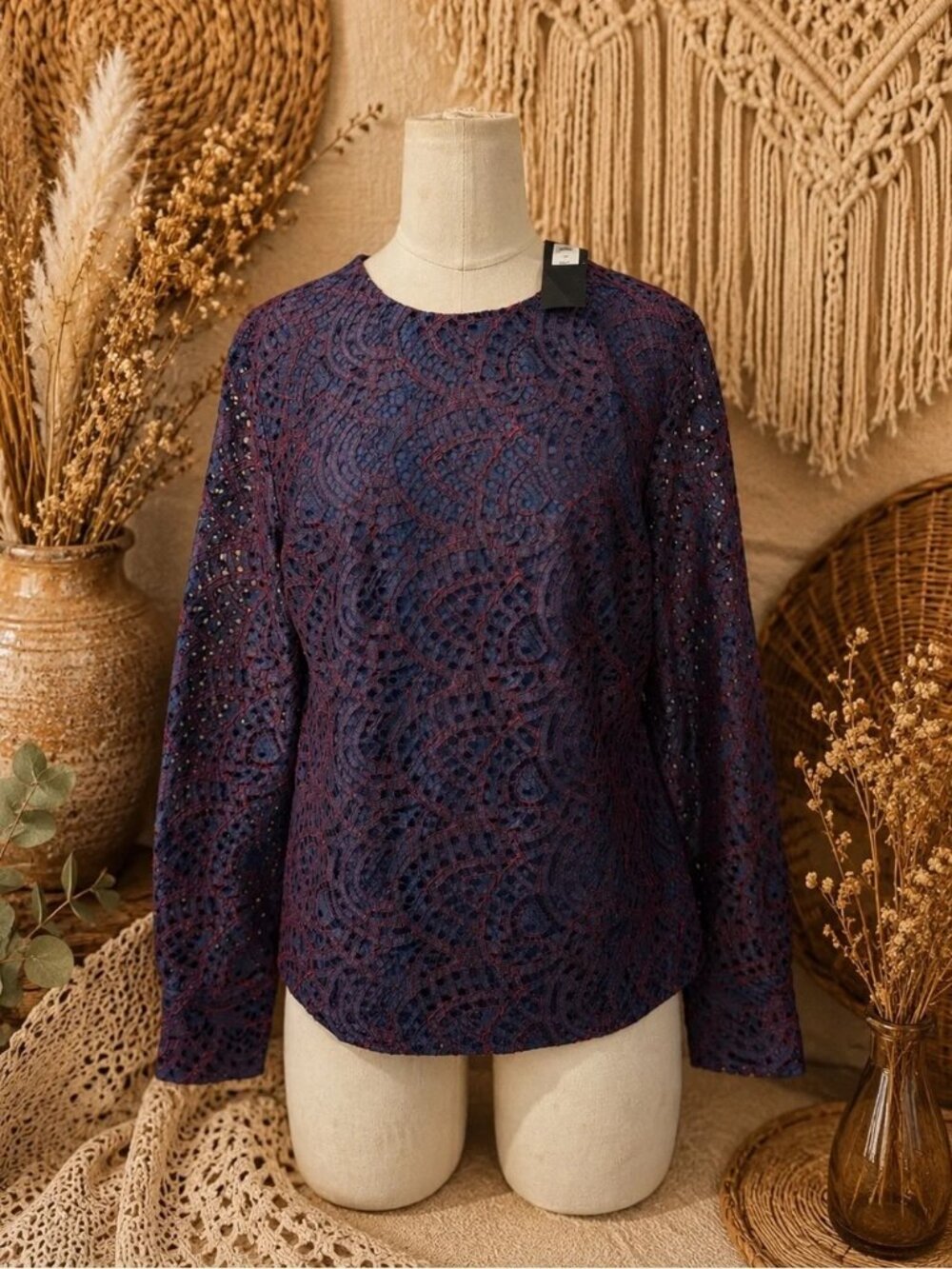 BANANA REPUBLIC S Top Lace Blue Red Embroidered Long Sleeve Indigo Unique